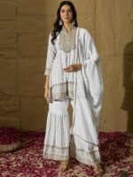 Exquisite White Chinon Embroidered Kurta Sharara Set