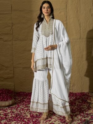 Exquisite White Chinon Embroidered Kurta Sharara Set