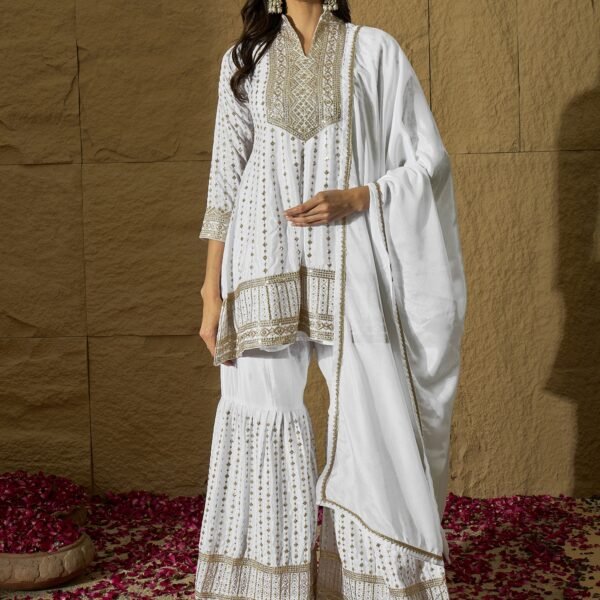 Exquisite White Chinon Embroidered Kurta Sharara Set