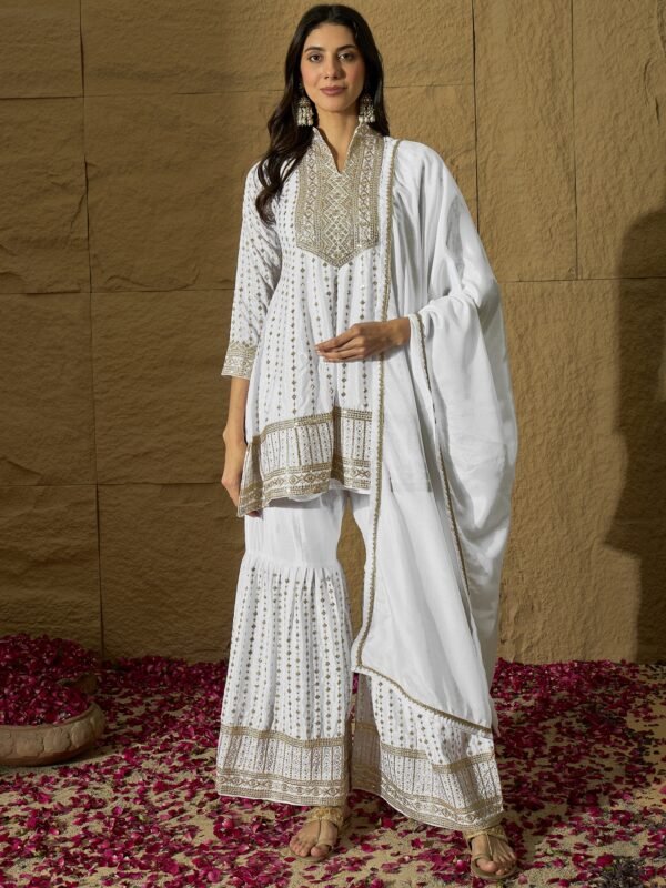 Exquisite White Chinon Embroidered Kurta Sharara Set