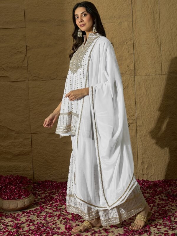 Exquisite White Chinon Embroidered Kurta Sharara Set