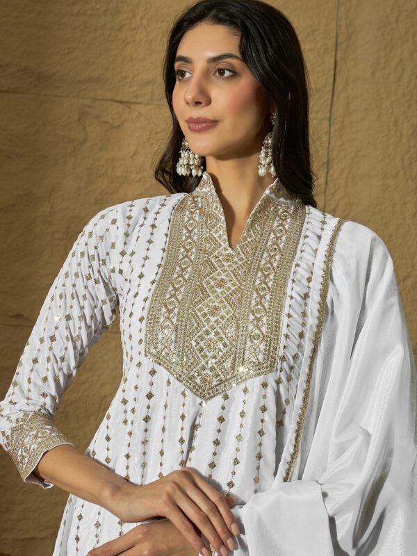 Exquisite White Chinon Embroidered Kurta Sharara Set