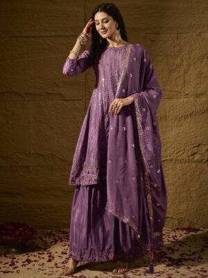 Alluring Purple Embroidered Chinon Flared Kurta Sharara Set with Dupatta