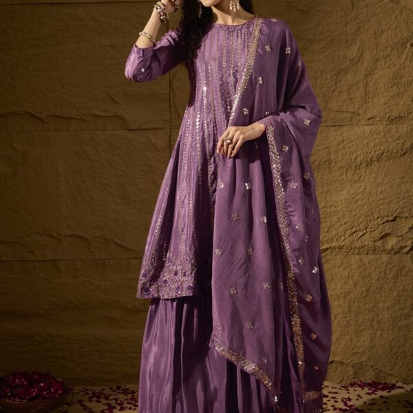 Alluring Purple Embroidered Chinon Flared Kurta Sharara Set with Dupatta