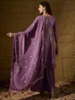 Alluring Purple Embroidered Chinon Flared Kurta Sharara Set with Dupatta