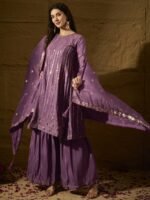 Alluring Purple Embroidered Chinon Flared Kurta Sharara Set with Dupatta