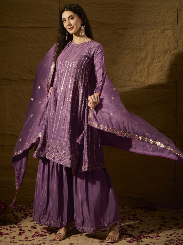 Alluring Purple Embroidered Chinon Flared Kurta Sharara Set with Dupatta