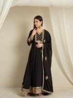 Mystic Black Embroidered Chinon Anarkali Gown with Dupatta