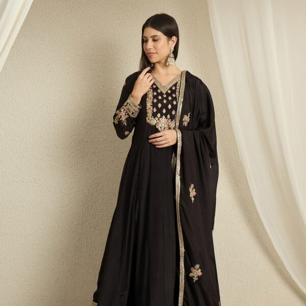 Mystic Black Embroidered Chinon Anarkali Gown with Dupatta