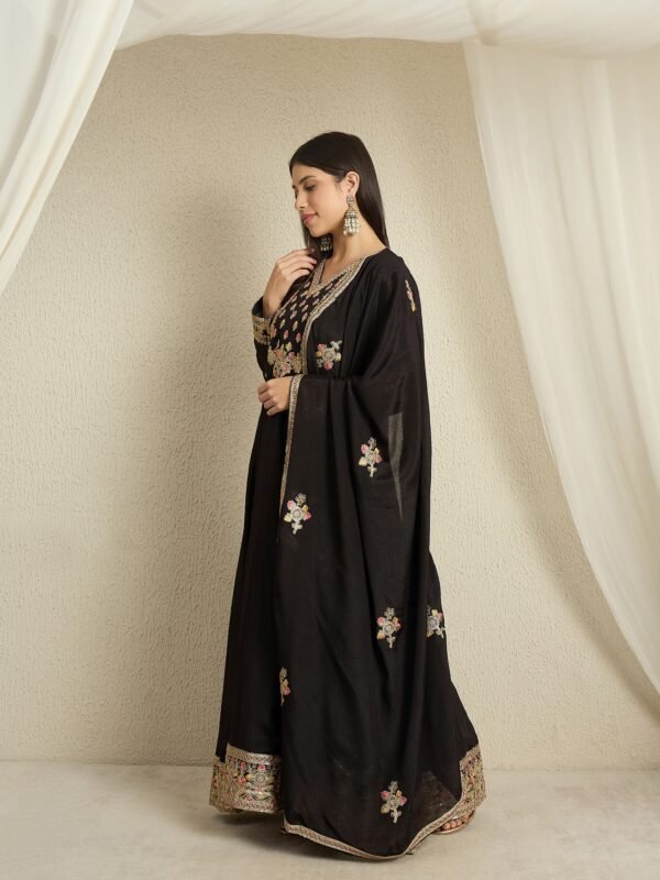 Mystic Black Embroidered Chinon Anarkali Gown with Dupatta
