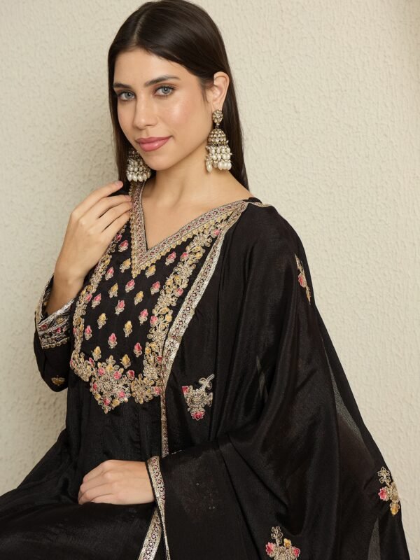 Mystic Black Embroidered Chinon Anarkali Gown with Dupatta