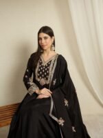 Mystic Black Embroidered Chinon Anarkali Gown with Dupatta