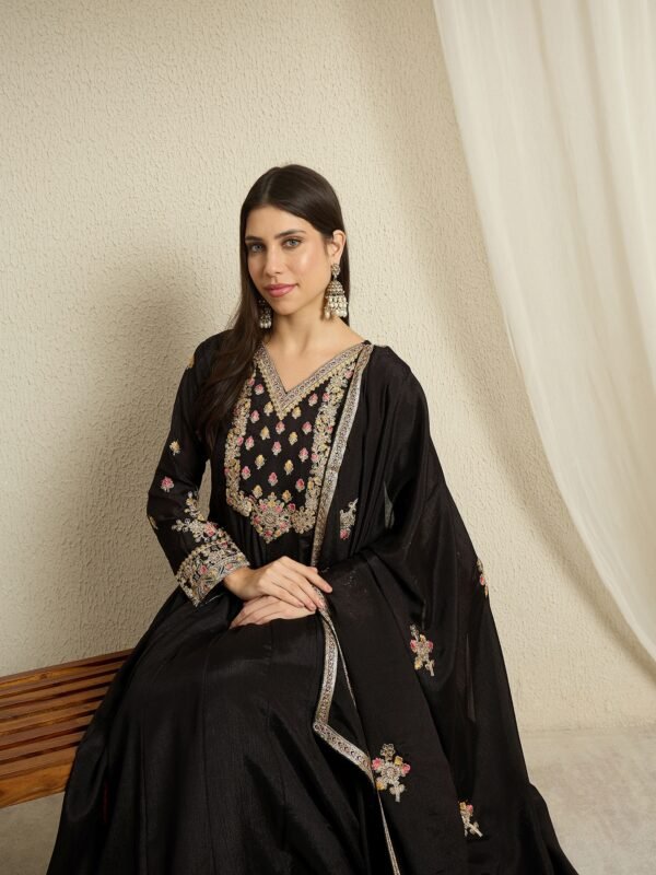 Mystic Black Embroidered Chinon Anarkali Gown with Dupatta
