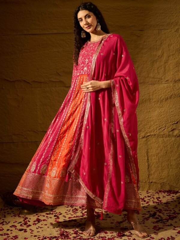 Pink Embroidered Chinon Anarkali Gown | Round Neck | Full Length