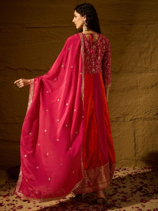 Pink Embroidered Chinon Anarkali Gown | Round Neck | Full Length