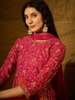 Pink Embroidered Chinon Anarkali Gown | Round Neck | Full Length