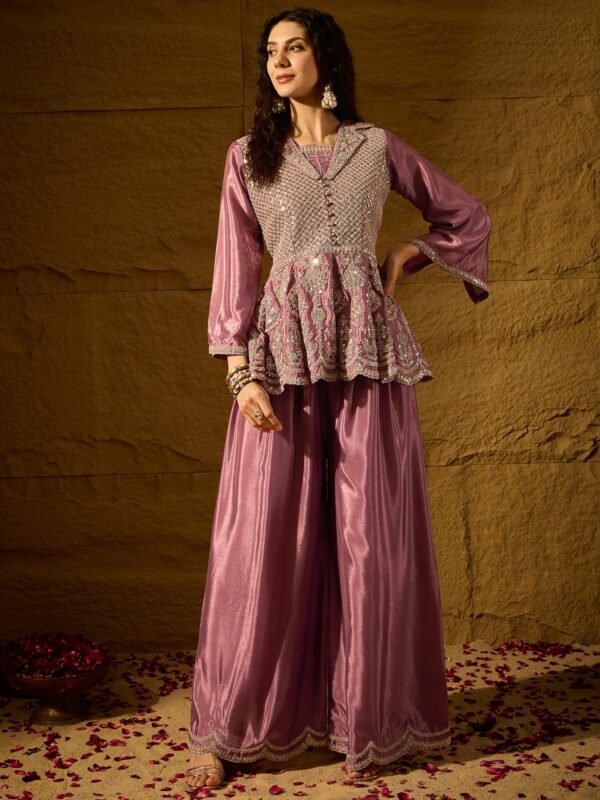 Purple Embroidered Flared Kurta Palazzo Set with Collar Neck
