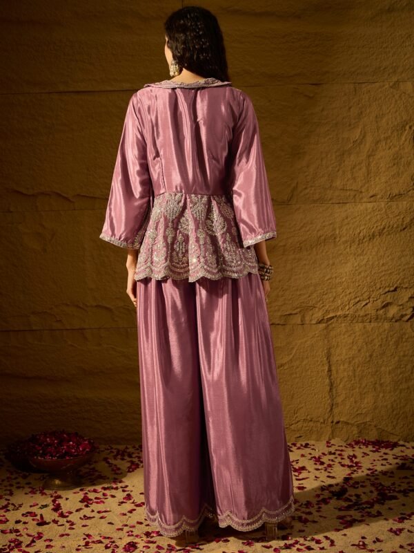 Purple Embroidered Flared Kurta Palazzo Set with Collar Neck