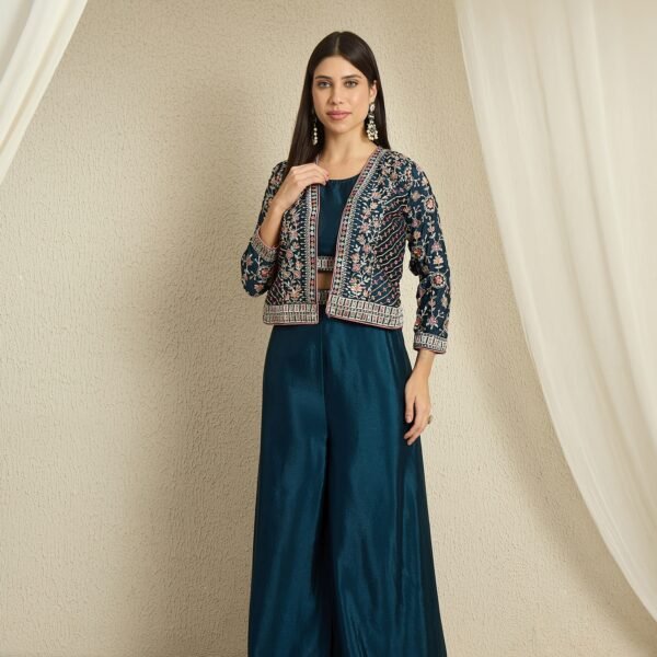 Chic Rama Embroidered Chinon Crop Top Palazzo Set with Short Jacket
