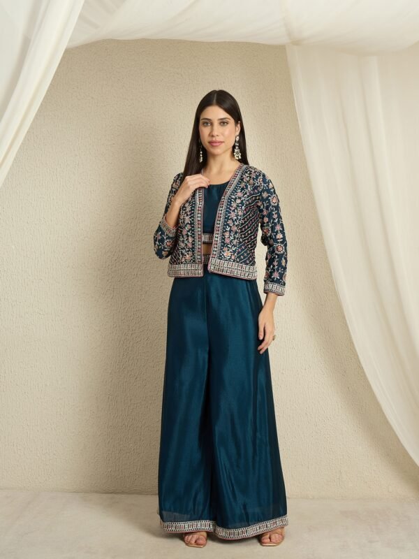 Chic Rama Embroidered Chinon Crop Top Palazzo Set with Short Jacket