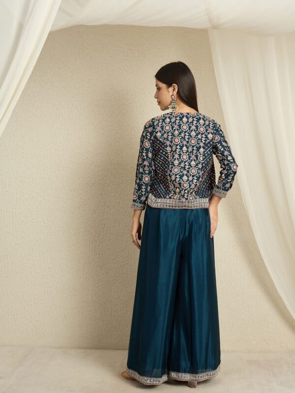 Chic Rama Embroidered Chinon Crop Top Palazzo Set with Short Jacket