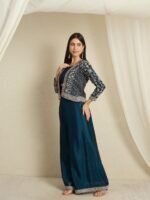Chic Rama Embroidered Chinon Crop Top Palazzo Set with Short Jacket