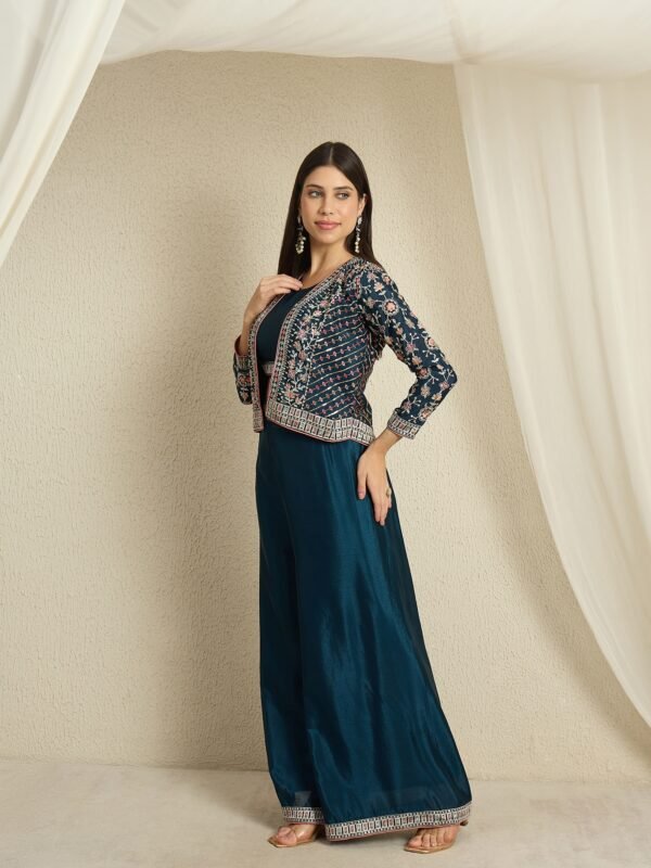 Chic Rama Embroidered Chinon Crop Top Palazzo Set with Short Jacket