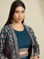 Chic Rama Embroidered Chinon Crop Top Palazzo Set with Short Jacket