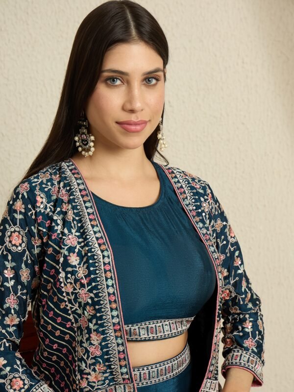 Chic Rama Embroidered Chinon Crop Top Palazzo Set with Short Jacket