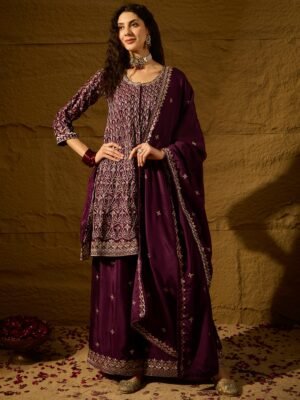Mesmerizing Purple Embroidered Chinon Flared Kurta Palazzo Set with Dupatta