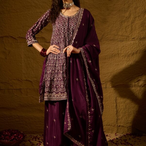 Mesmerizing Purple Embroidered Chinon Flared Kurta Palazzo Set with Dupatta