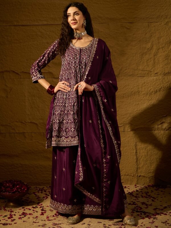 Mesmerizing Purple Embroidered Chinon Flared Kurta Palazzo Set with Dupatta