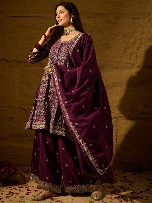 Mesmerizing Purple Embroidered Chinon Flared Kurta Palazzo Set with Dupatta