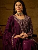 Mesmerizing Purple Embroidered Chinon Flared Kurta Palazzo Set with Dupatta