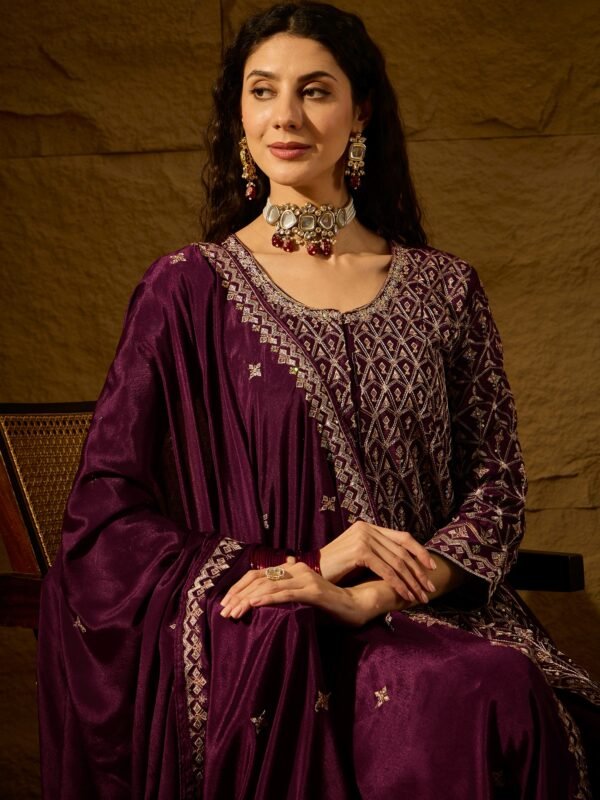 Mesmerizing Purple Embroidered Chinon Flared Kurta Palazzo Set with Dupatta