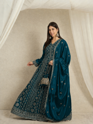 Magnificent Maroon Embroidered Chinon A-Line Gown with Dupatta