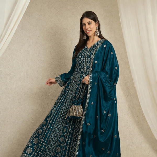 Magnificent Maroon Embroidered Chinon A-Line Gown with Dupatta