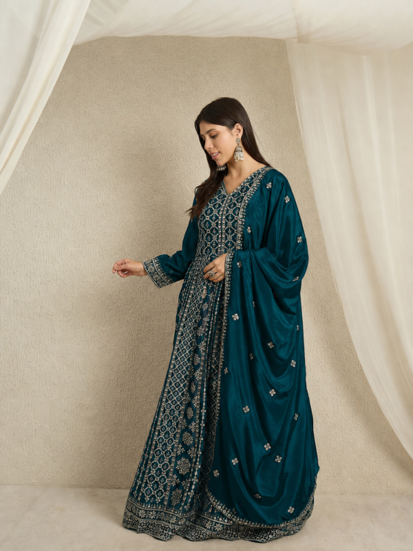 Magnificent Maroon Embroidered Chinon A-Line Gown with Dupatta