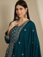 Magnificent Maroon Embroidered Chinon A-Line Gown with Dupatta