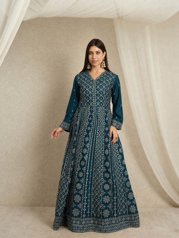 Magnificent Maroon Embroidered Chinon A-Line Gown with Dupatta