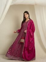 Magnificent Maroon Embroidered Chinon A-Line Gown with Dupatta