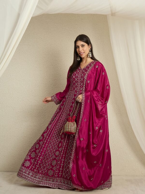 Magnificent Maroon Embroidered Chinon A-Line Gown with Dupatta