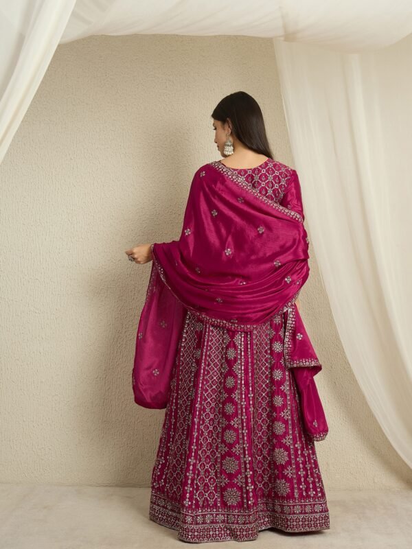 Magnificent Maroon Embroidered Chinon A-Line Gown with Dupatta