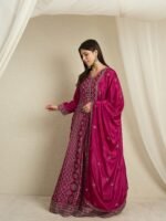Magnificent Maroon Embroidered Chinon A-Line Gown with Dupatta