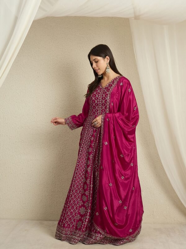 Magnificent Maroon Embroidered Chinon A-Line Gown with Dupatta