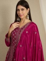 Magnificent Maroon Embroidered Chinon A-Line Gown with Dupatta