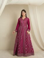 Magnificent Maroon Embroidered Chinon A-Line Gown with Dupatta