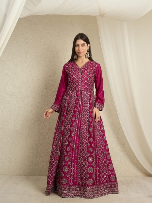 Magnificent Maroon Embroidered Chinon A-Line Gown with Dupatta