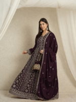 Magnificent Maroon Embroidered Chinon A-Line Gown with Dupatta