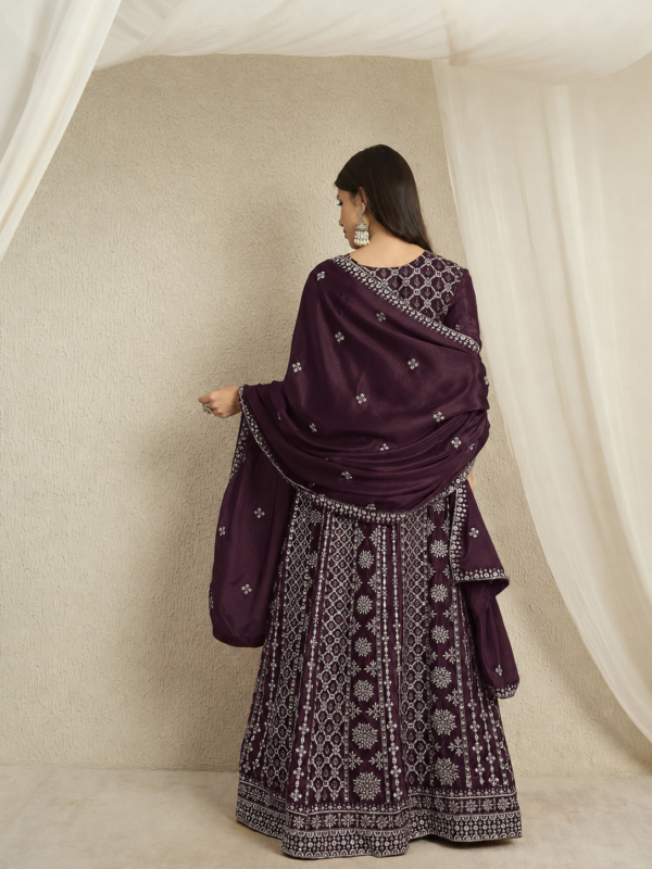 Magnificent Maroon Embroidered Chinon A-Line Gown with Dupatta